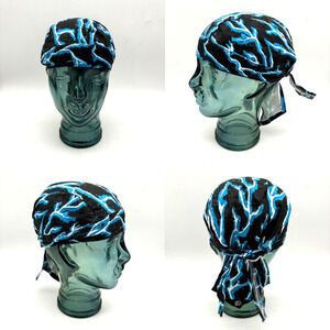 Vintage 00s Y2K ZANHeadwear 100% Cotton Blue Lightening Bolt Skull Cap Do-rag